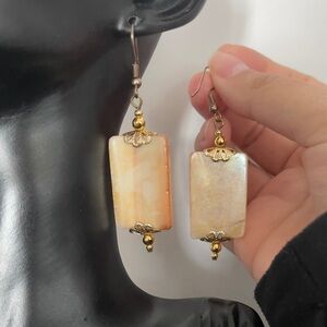 Gold tone rectangle beaded hook earrings